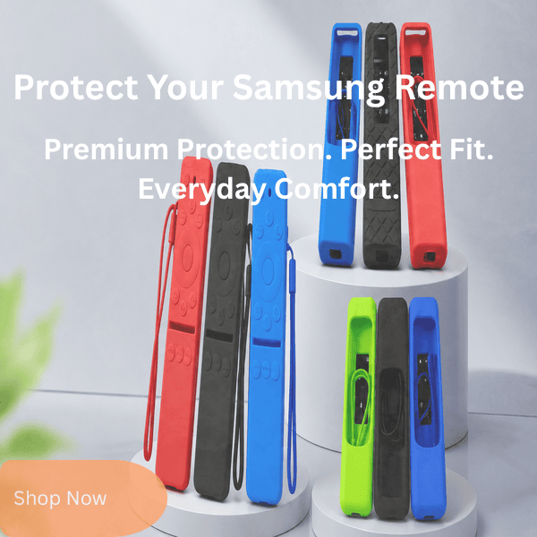 A collection of silicone protective cases for Samsung remotes in various colors including red, blue, black, and green, displayed with attached hand straps.